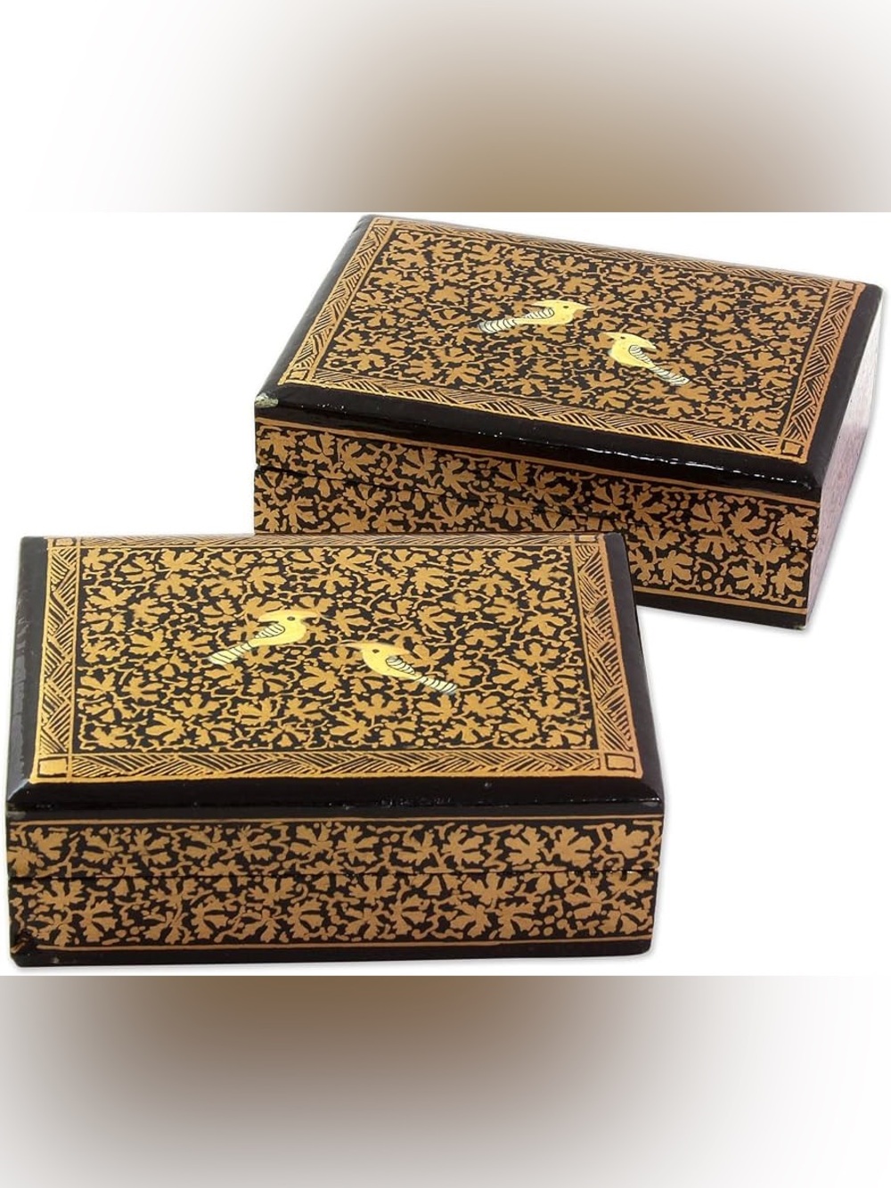 Handmade Avian Whispers in Gold Decorative Boxes from India Set of 2 - Picture 4 of 4